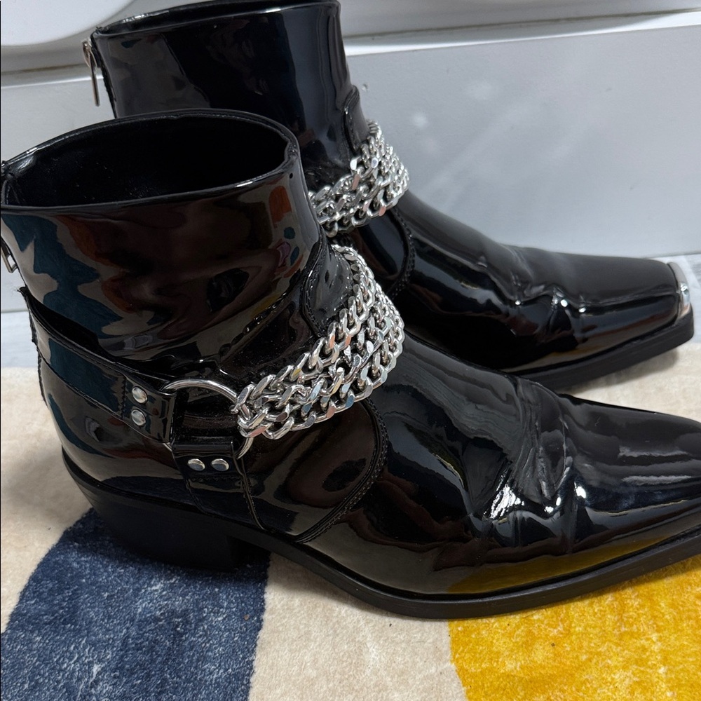 ASOS Black Patent Ankle Boots with Silver Chain Detail - Picture 2 of 9